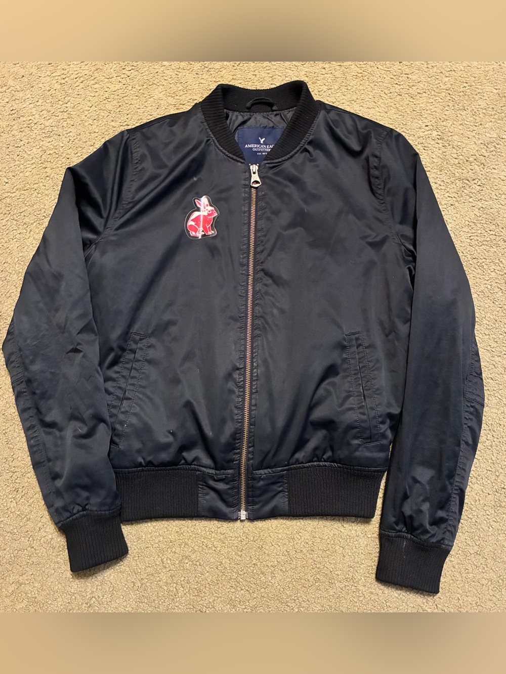 American Eagle Outfitters Black Bomber Jacket with Red Rabbit Patch Youth XS
